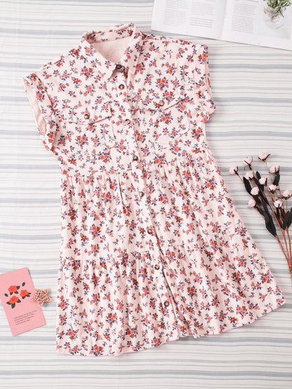 Pink Floral Button-Down Shirt Dress with Flap Pockets