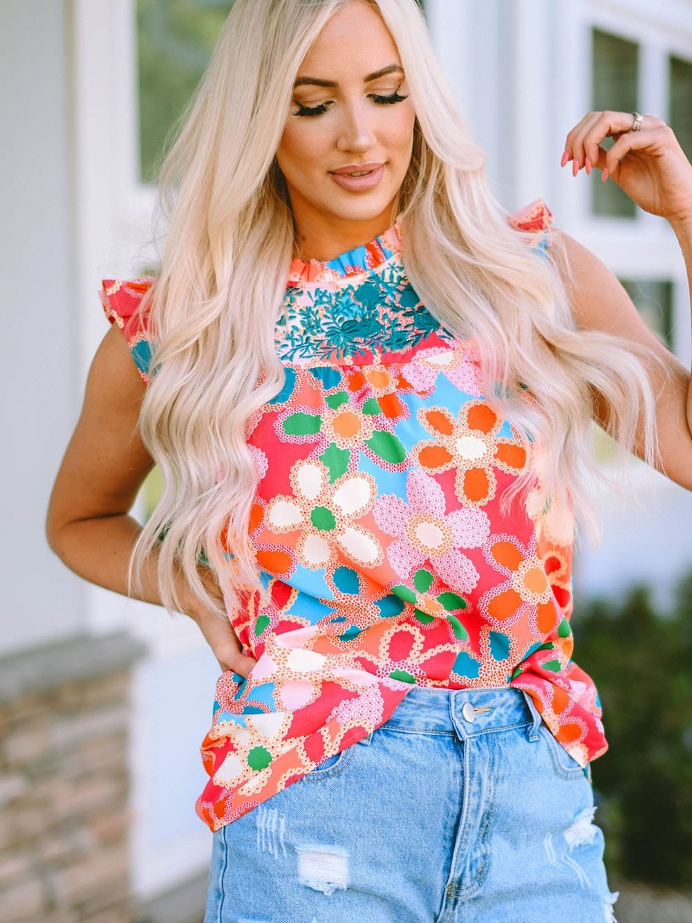 Pink Floral Embroidered Ruffle Tank Top with Vintage Charm
