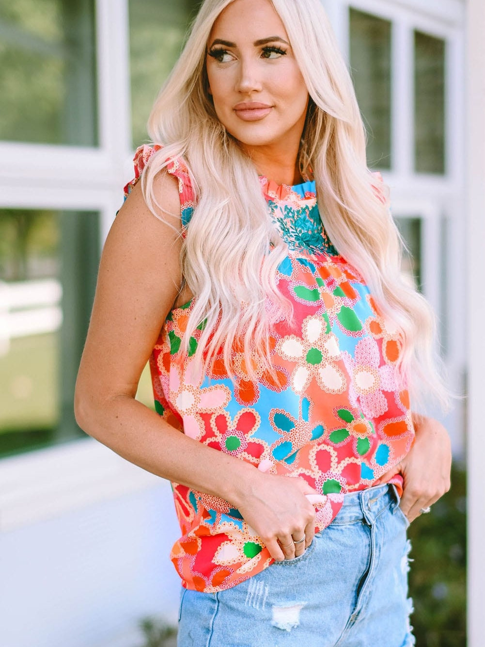 Pink Floral Embroidered Ruffle Tank Top with Vintage Charm