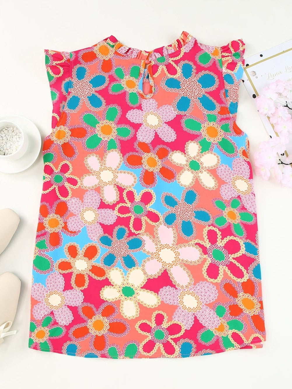 Pink Floral Embroidered Ruffle Tank Top with Vintage Charm