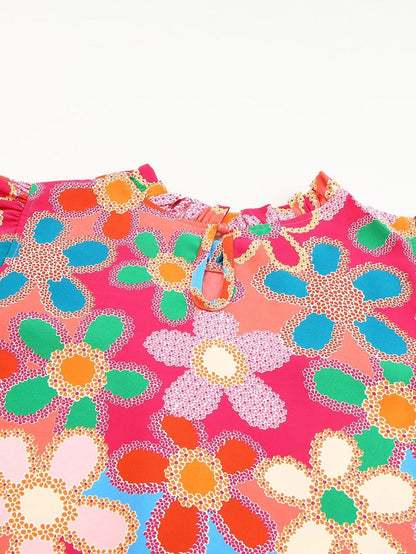 Pink Floral Embroidered Ruffle Tank Top with Vintage Charm