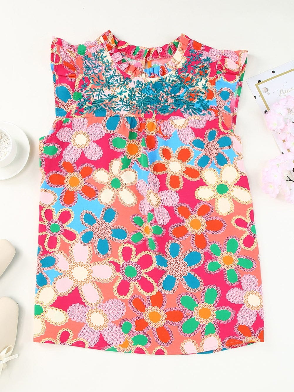 Pink Floral Embroidered Ruffle Tank Top with Vintage Charm