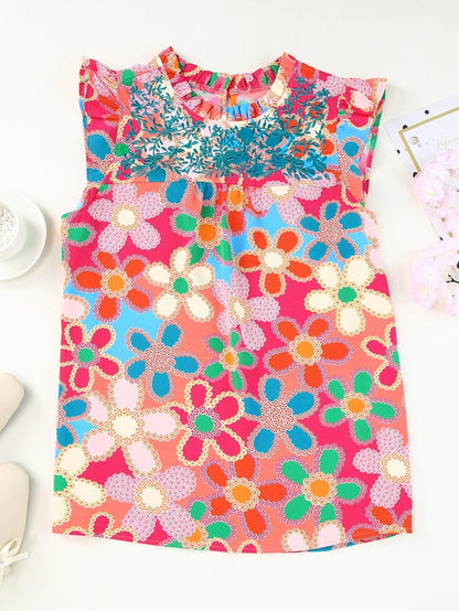 Pink Floral Embroidered Ruffle Tank Top with Vintage Charm