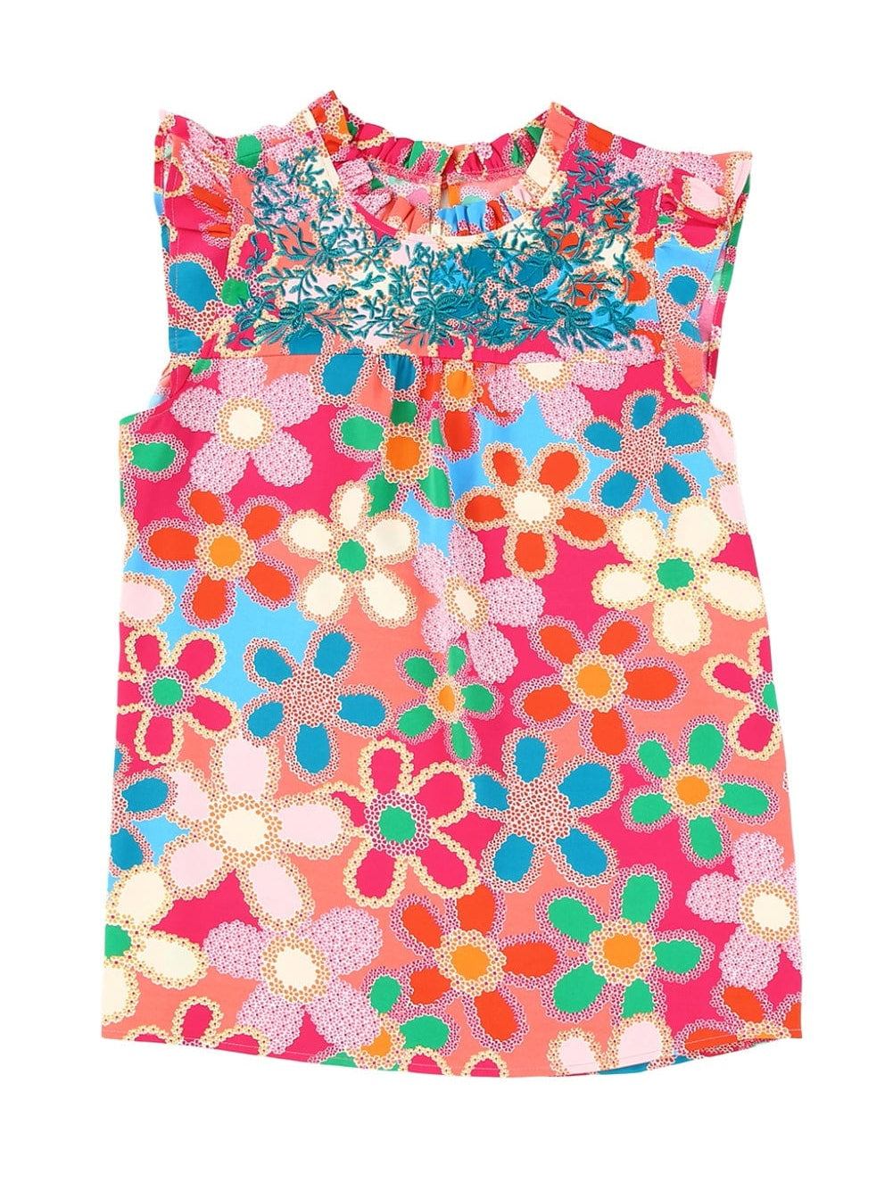 Pink Floral Embroidered Ruffle Tank Top with Vintage Charm