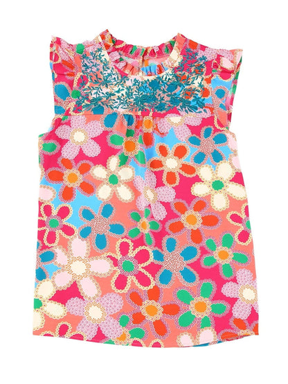 Pink Floral Embroidered Ruffle Tank Top with Vintage Charm