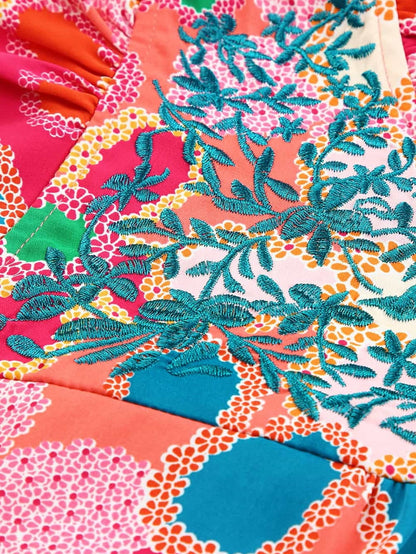 Pink Floral Embroidered Ruffle Tank Top with Vintage Charm