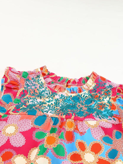 Pink Floral Embroidered Ruffle Tank Top with Vintage Charm