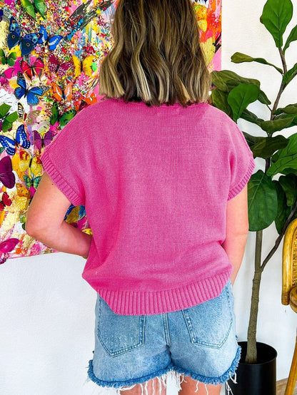 Pink Floral Embroidered Short Sleeve Knit Top