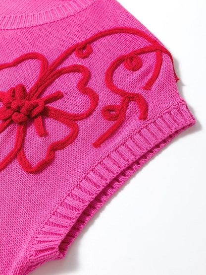 Pink Floral Embroidered Short Sleeve Knit Top