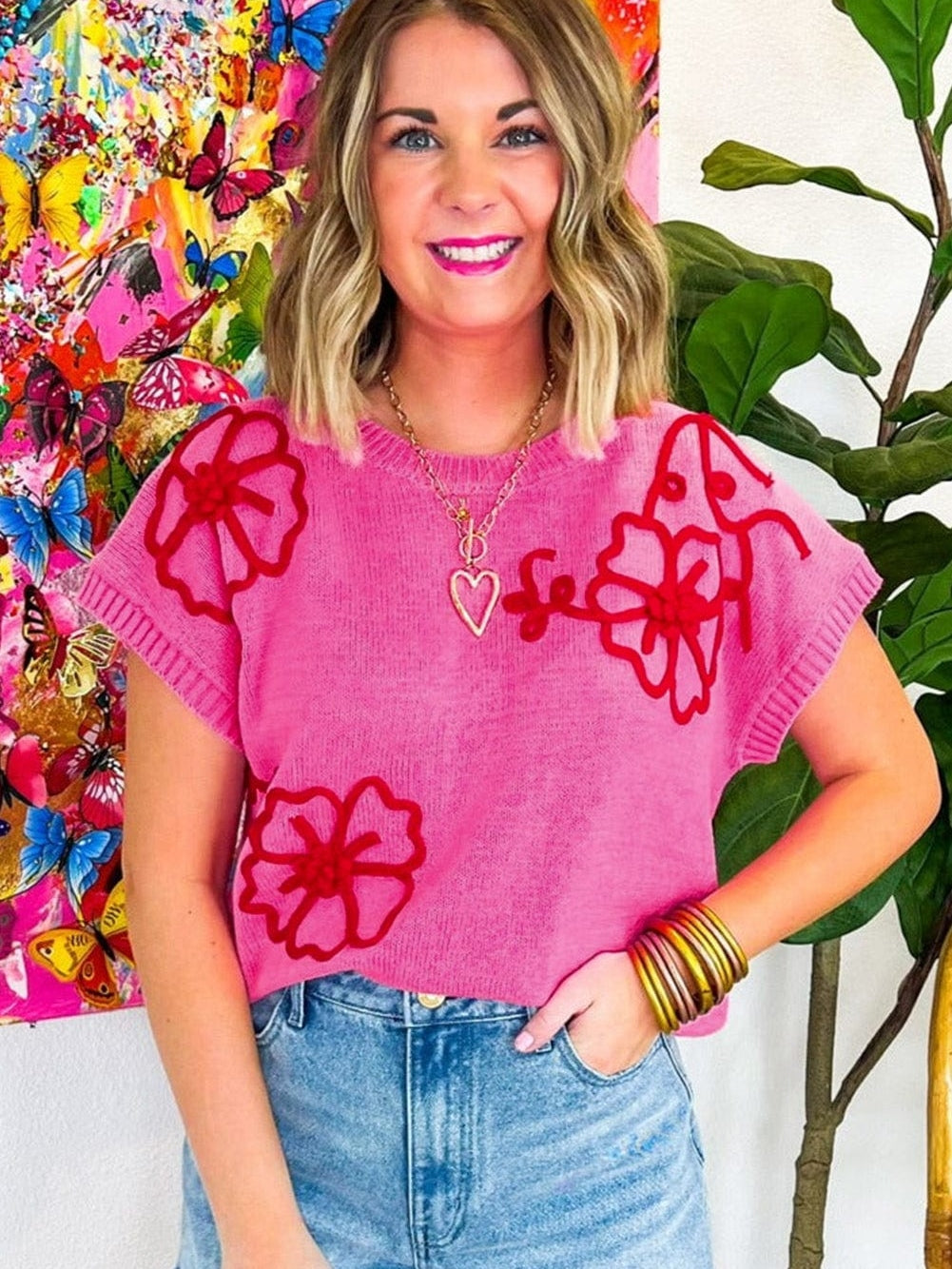 Pink Floral Embroidered Short Sleeve Knit Top