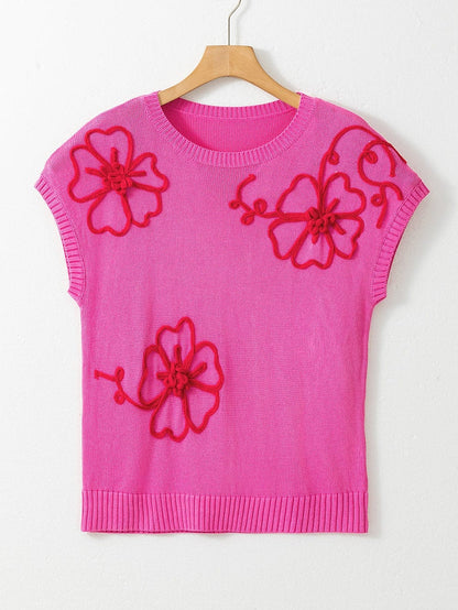 Pink Floral Embroidered Short Sleeve Knit Top