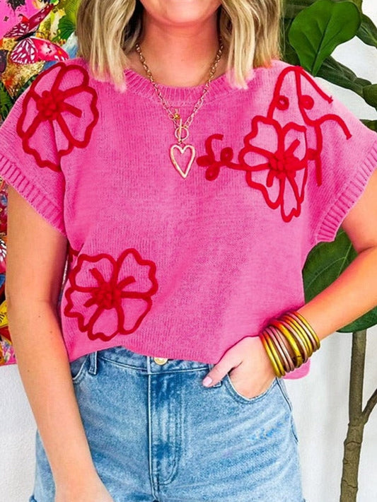 Pink Floral Embroidered Short Sleeve Knit Top