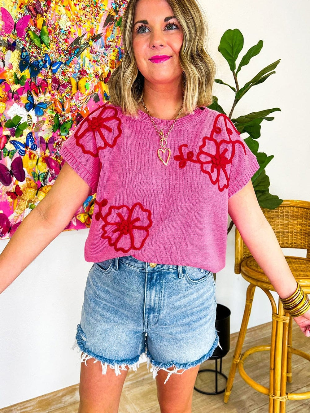 Pink Floral Embroidered Short Sleeve Knit Top