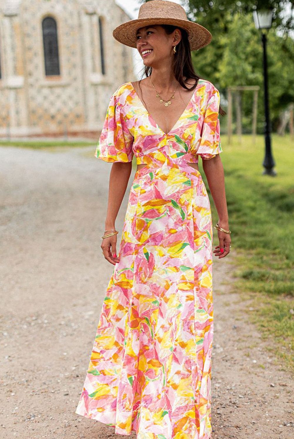 Pink Floral Flutter Sleeve Maxi Dress with Cut Out Detail