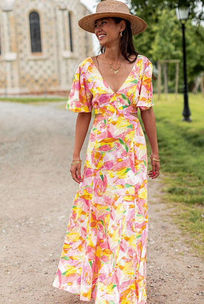 Pink Floral Flutter Sleeve Maxi Dress with Cut Out Detail