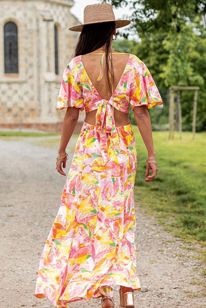 Pink Floral Flutter Sleeve Maxi Dress with Cut Out Detail