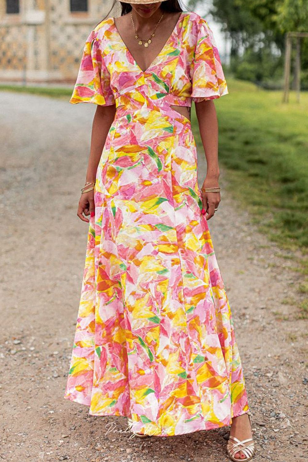 Pink Floral Flutter Sleeve Maxi Dress with Cut Out Detail