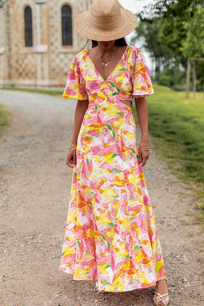 Pink Floral Flutter Sleeve Maxi Dress with Cut Out Detail