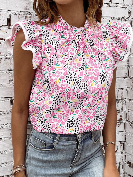 Pink Floral High Neck Flutter Sleeve Shift Top