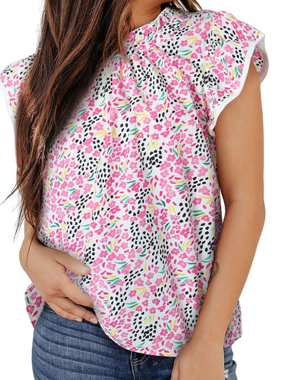 Pink Floral High Neck Flutter Sleeve Shift Top