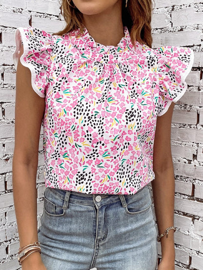 Pink Floral High Neck Flutter Sleeve Shift Top