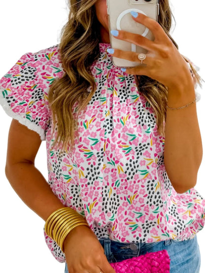 Pink Floral High Neck Flutter Sleeve Shift Top