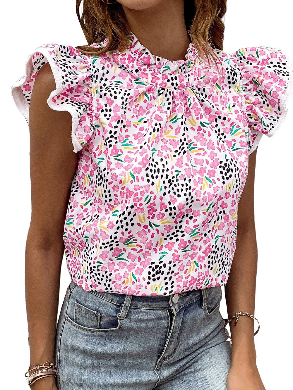 Pink Floral High Neck Flutter Sleeve Shift Top