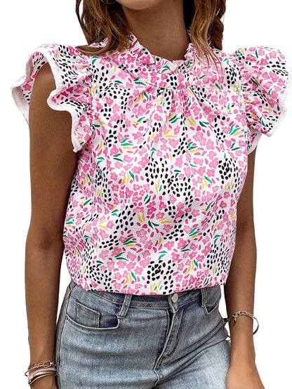 Pink Floral High Neck Flutter Sleeve Shift Top