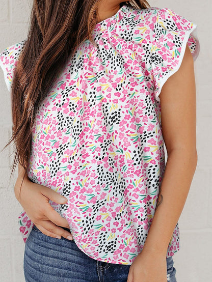 Pink Floral High Neck Flutter Sleeve Shift Top