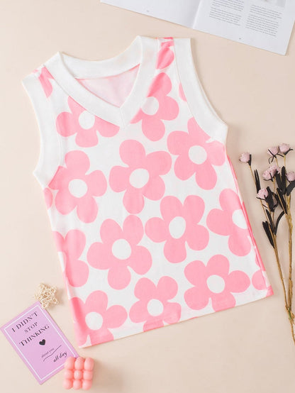Pink Floral Knit V-Neck Sleeveless Tank Top