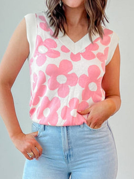 Pink Floral Knit V-Neck Sleeveless Tank Top