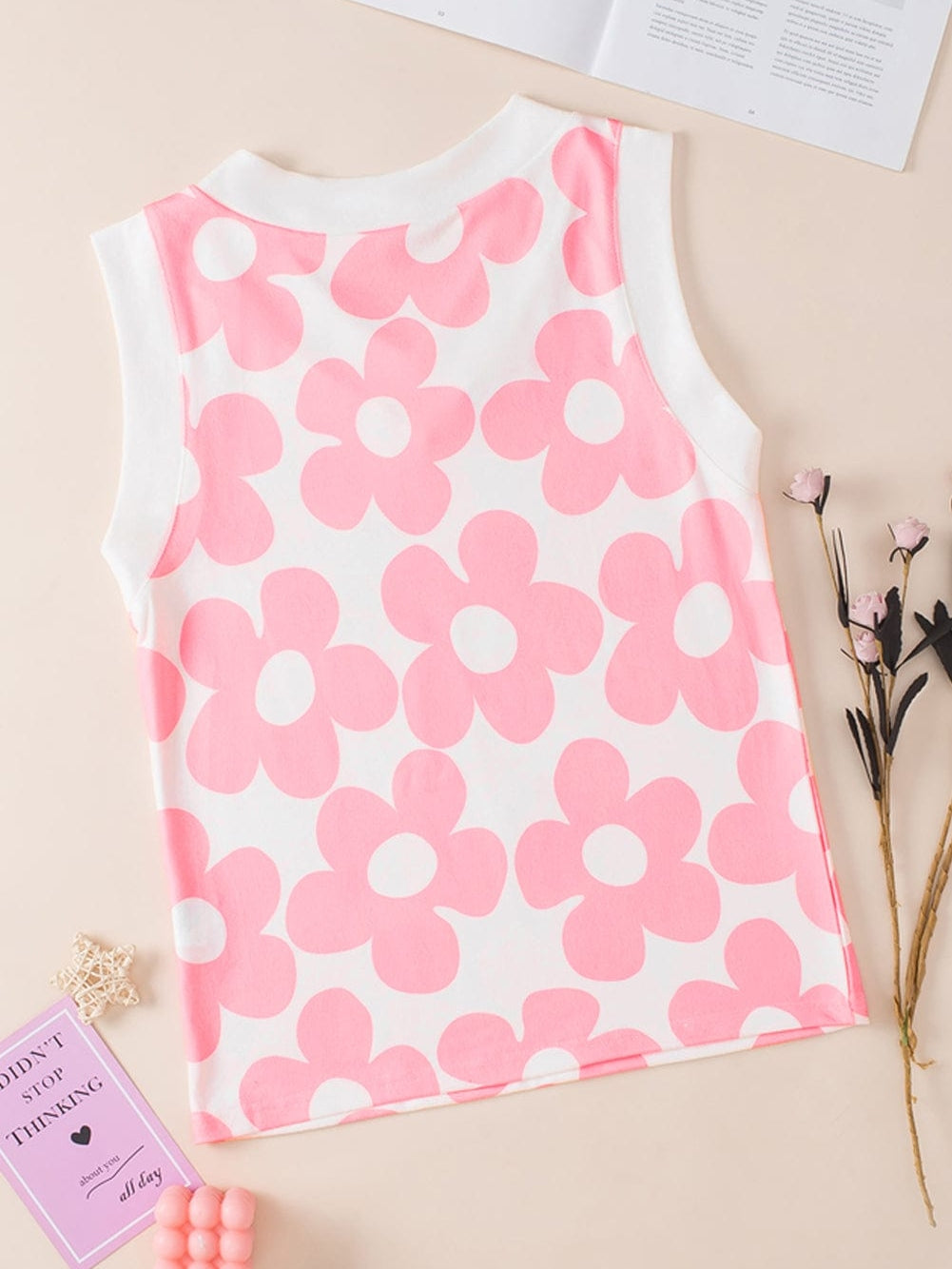 Pink Floral Knit V-Neck Sleeveless Tank Top