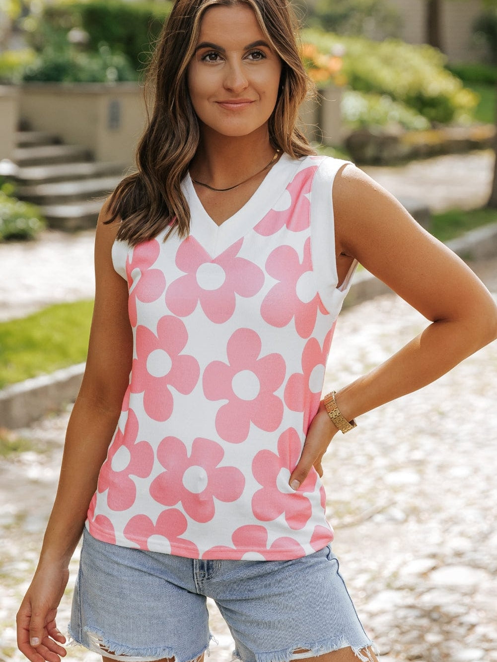 Pink Floral Knit V-Neck Sleeveless Tank Top