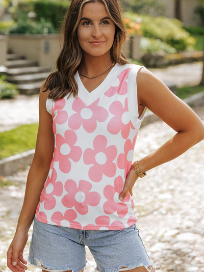 Pink Floral Knit V-Neck Sleeveless Tank Top