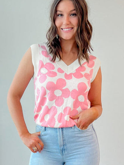 Pink Floral Knit V-Neck Sleeveless Tank Top