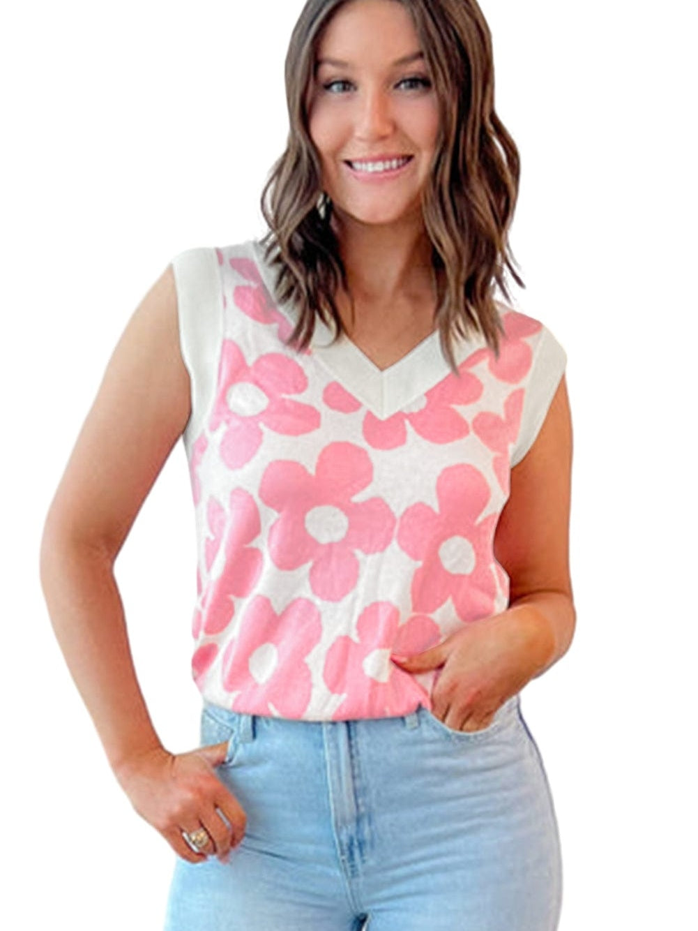 Pink Floral Knit V-Neck Sleeveless Tank Top