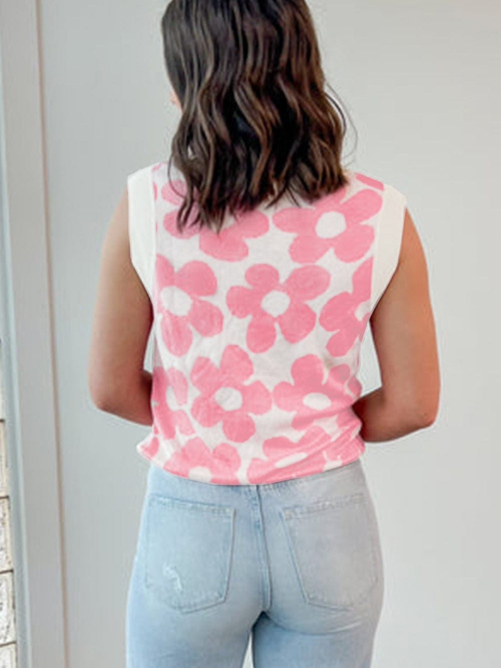 Pink Floral Knit V-Neck Sleeveless Tank Top