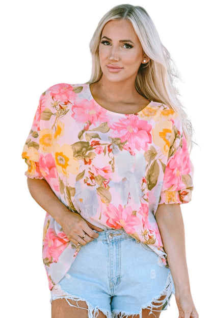 Pink Floral Loose Fit Blouse with Shirred Cuffs