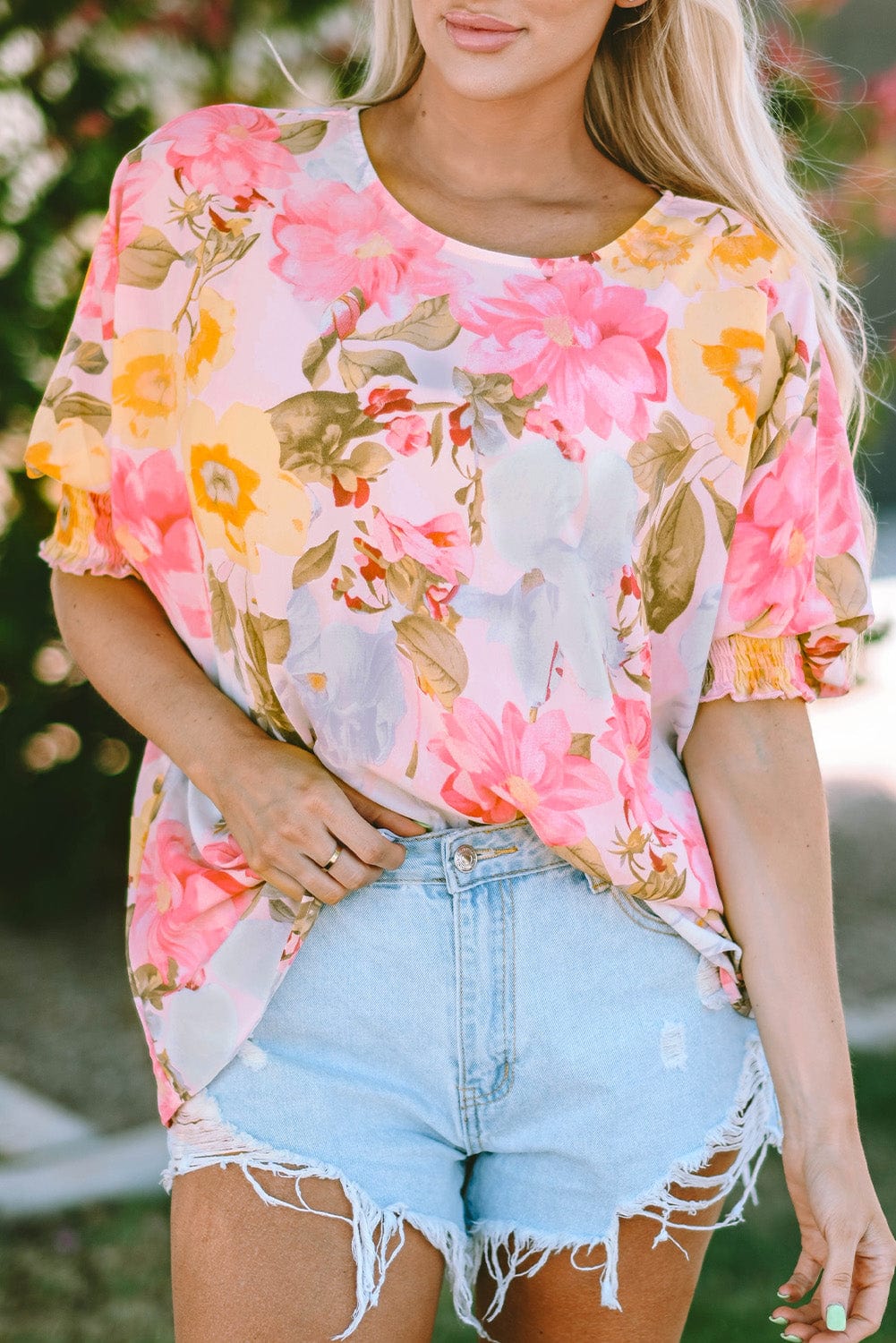 Pink Floral Loose Fit Blouse with Shirred Cuffs