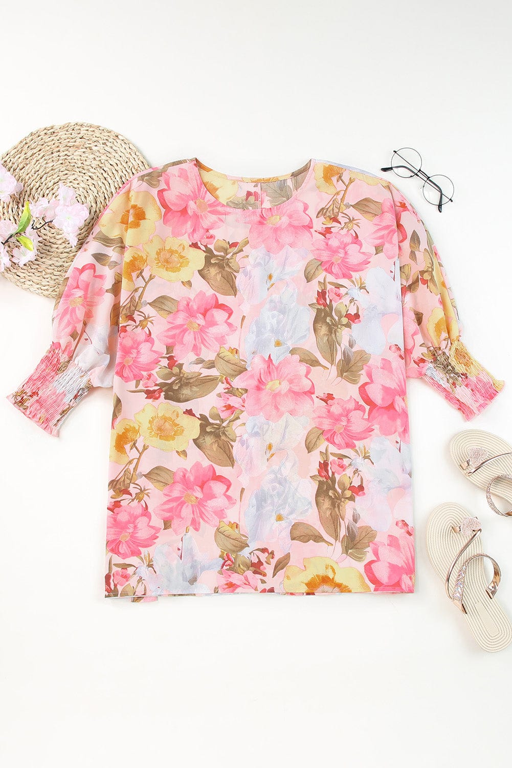 Pink Floral Loose Fit Blouse with Shirred Cuffs