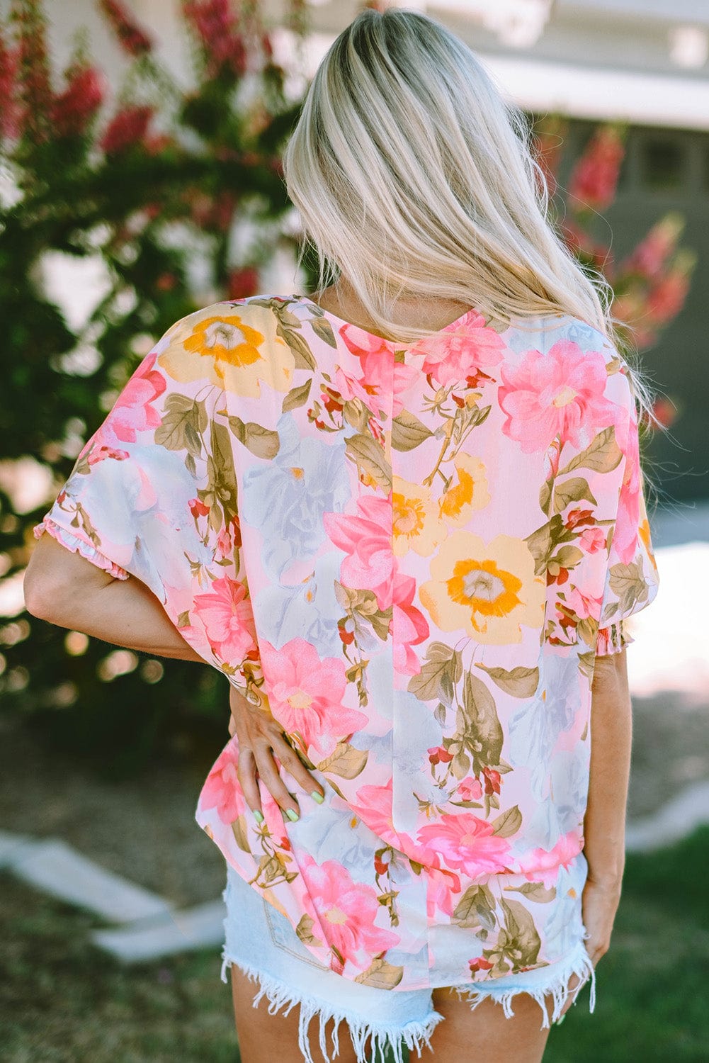 Pink Floral Loose Fit Blouse with Shirred Cuffs