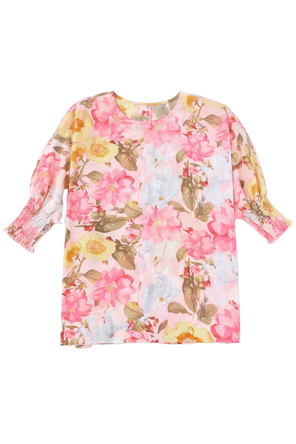Pink Floral Loose Fit Blouse with Shirred Cuffs