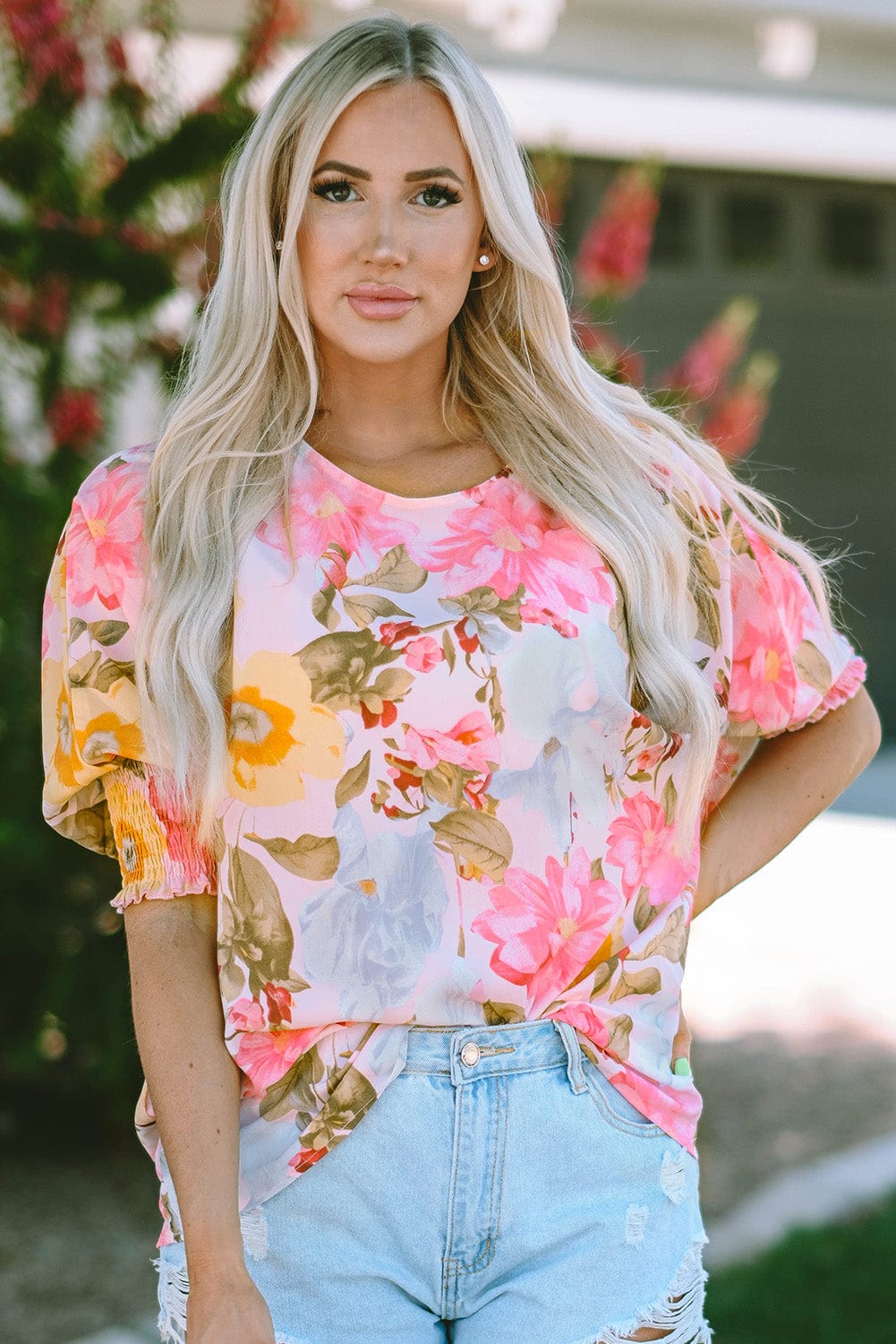 Pink Floral Loose Fit Blouse with Shirred Cuffs