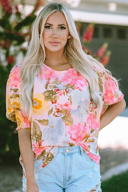 Pink Floral Loose Fit Blouse with Shirred Cuffs
