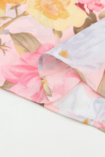 Pink Floral Loose Fit Blouse with Shirred Cuffs