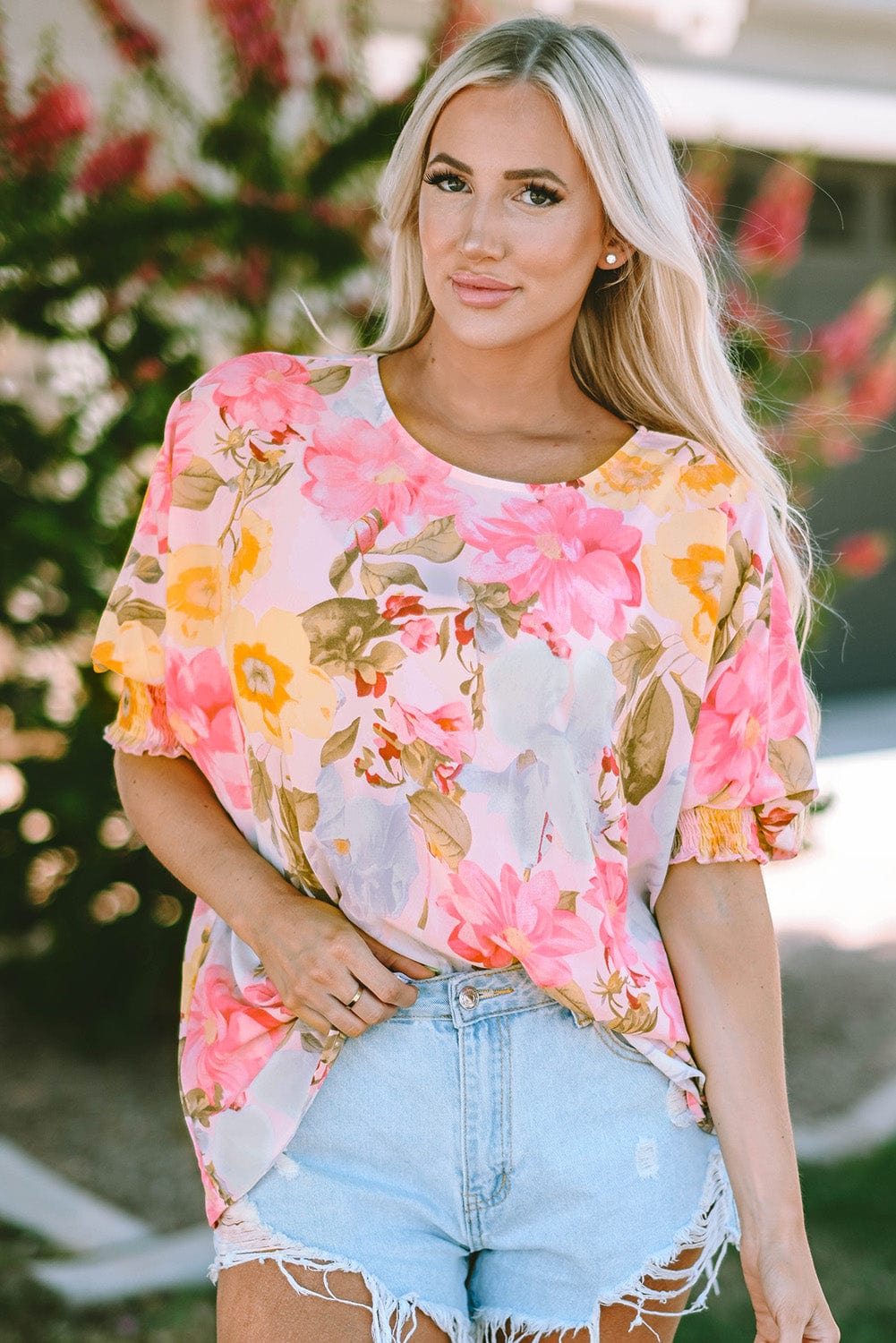 Pink Floral Loose Fit Blouse with Shirred Cuffs