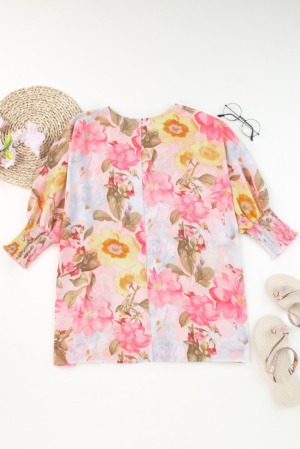 Pink Floral Loose Fit Blouse with Shirred Cuffs