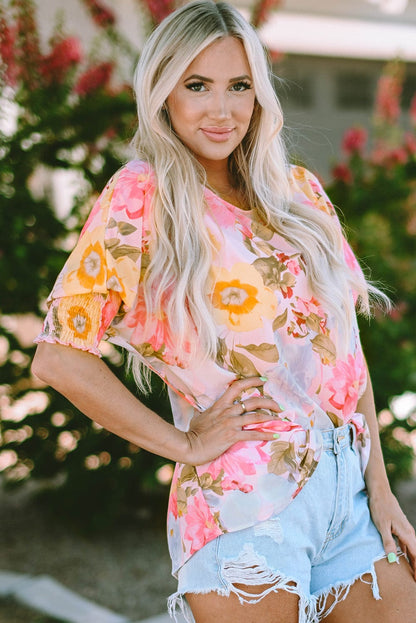 Pink Floral Loose Fit Blouse with Shirred Cuffs