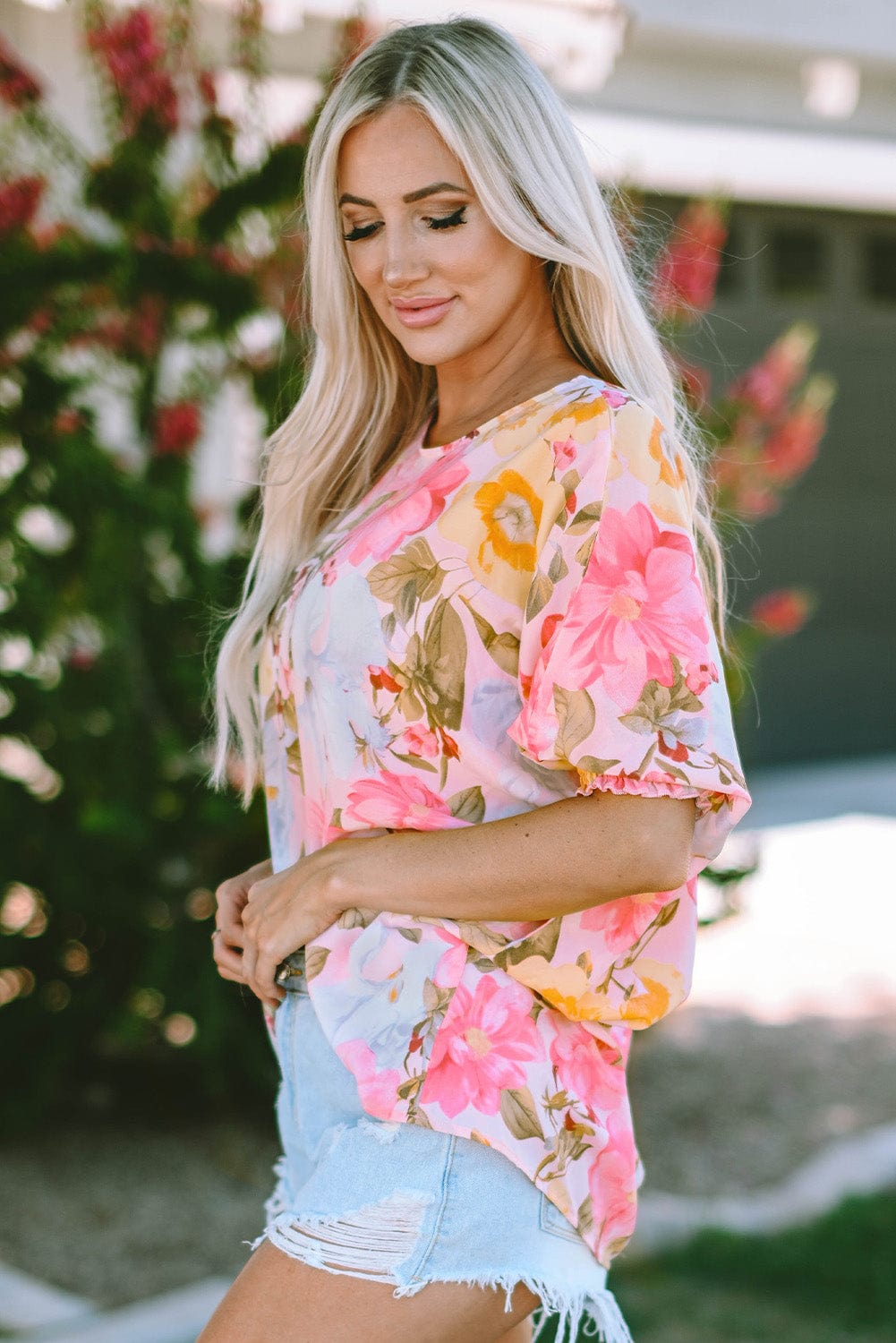 Pink Floral Loose Fit Blouse with Shirred Cuffs