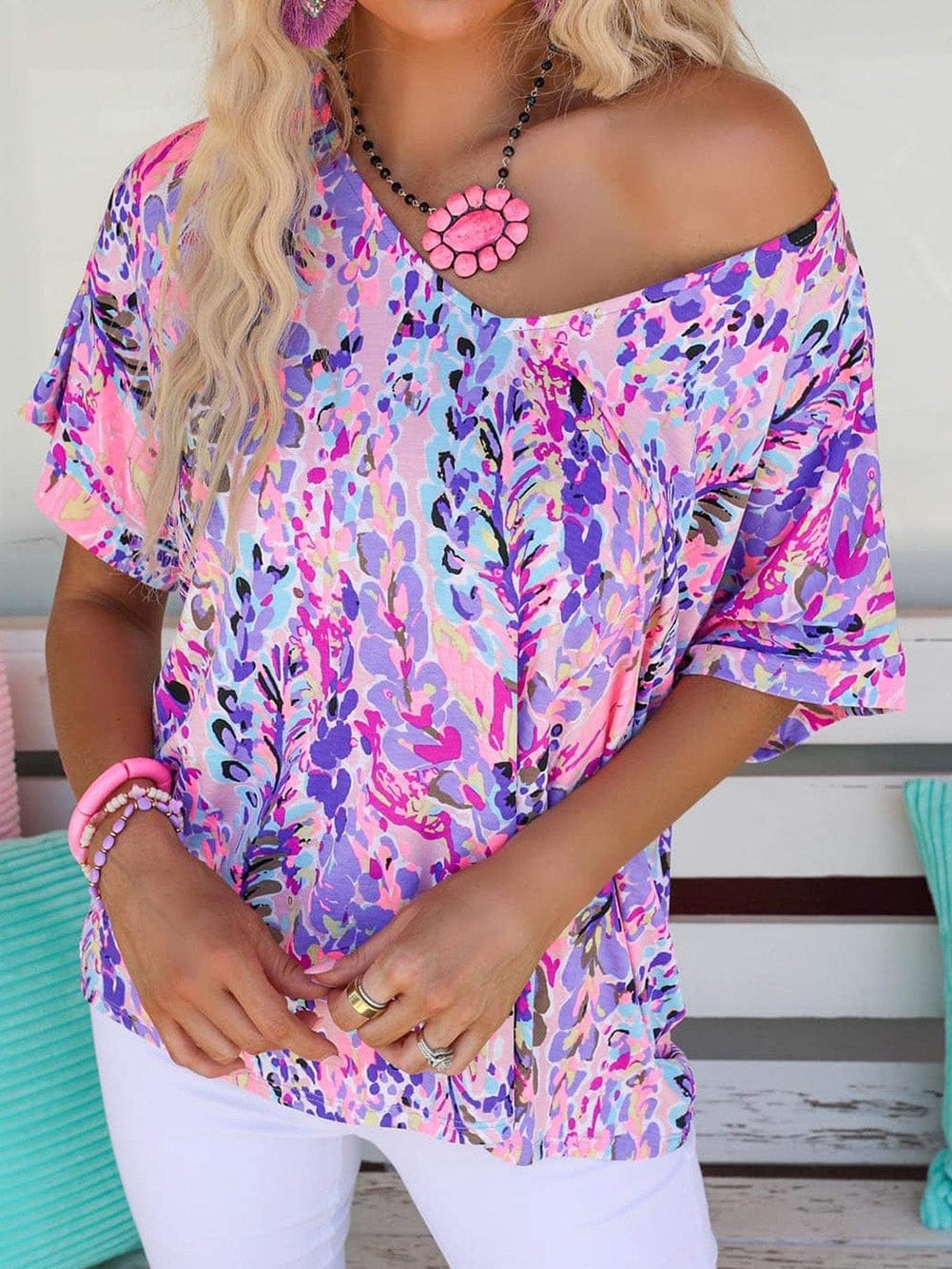 Pink Floral Painted Loose Fit Tee
